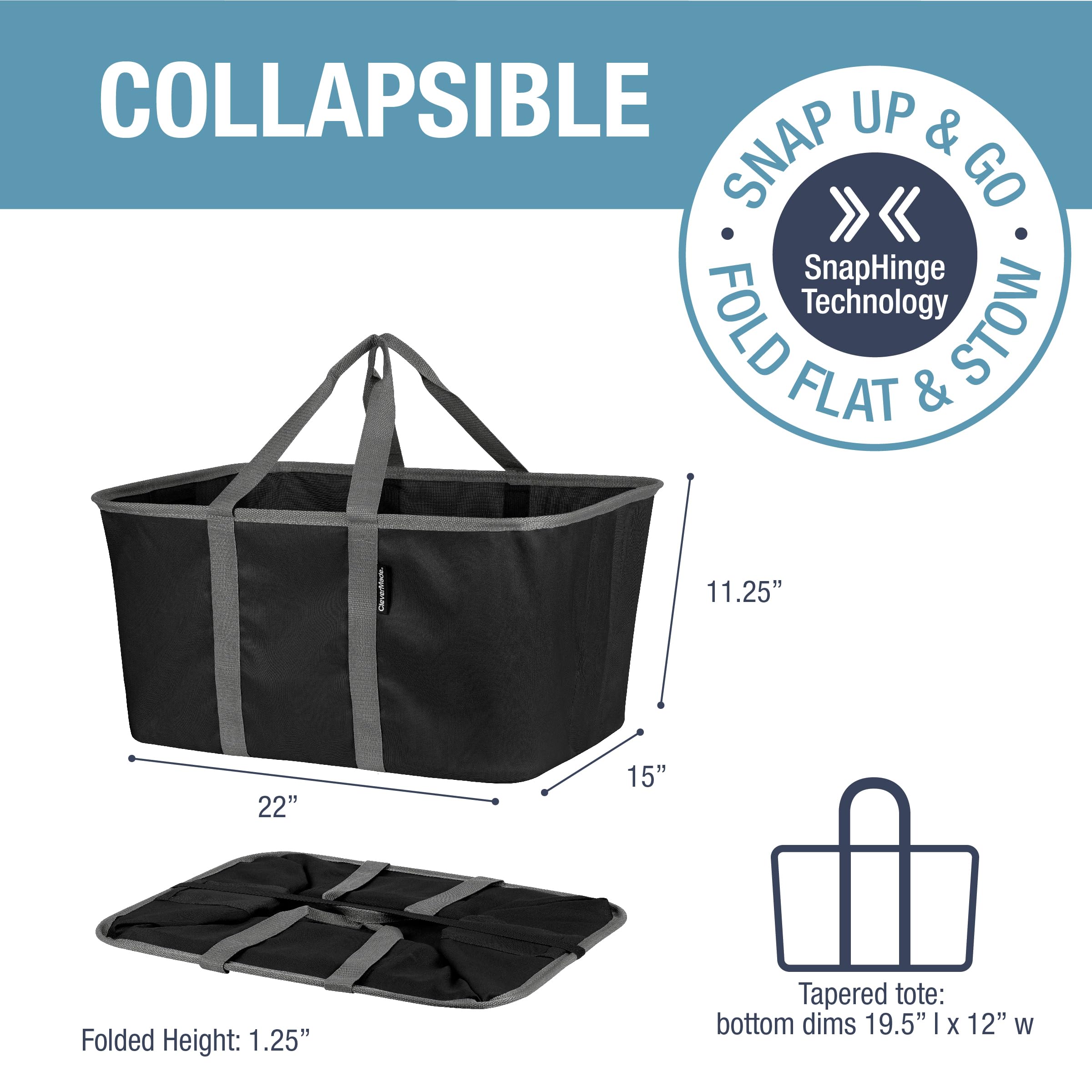 Clevermade Collapsible Laundry Tote, Midnight Black/Shadow Gray 2Pk - 50L (13 Gal) Collapsible Laundry Baskets With Sturdy Pop-U